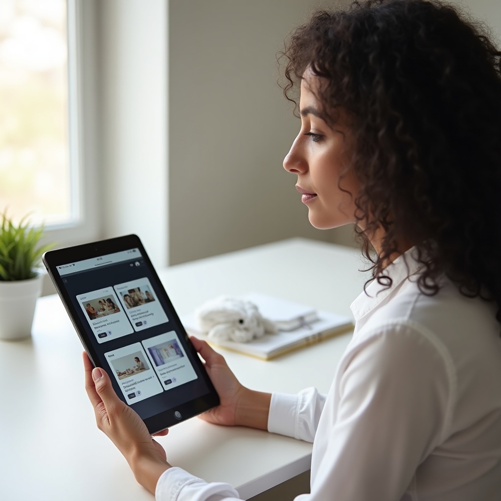 Strukturierter Lektionsaufbau auf einem Tablet-Display mit übersichtlichen Lernmodulen